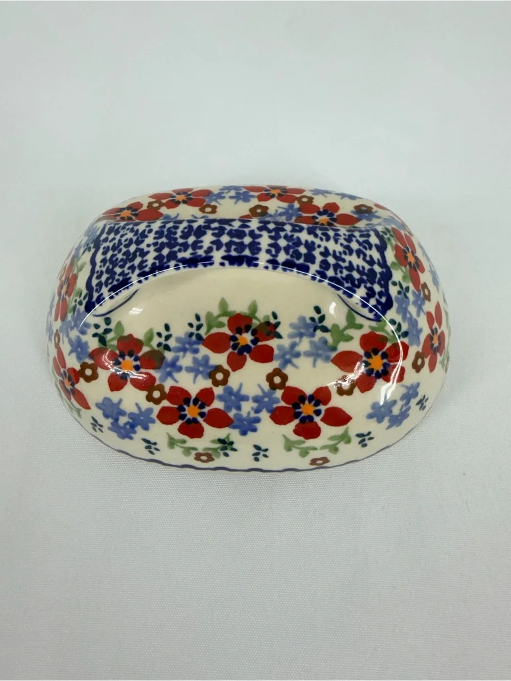 Polish Pottery Red Blue Floral Butter Dish Lid Only 6.5”